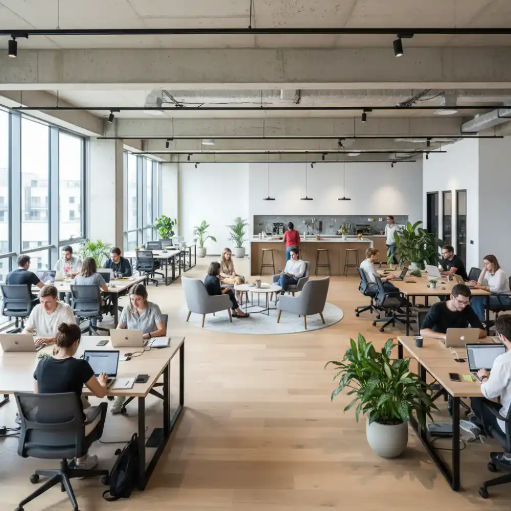 Open layout coworking space with people working