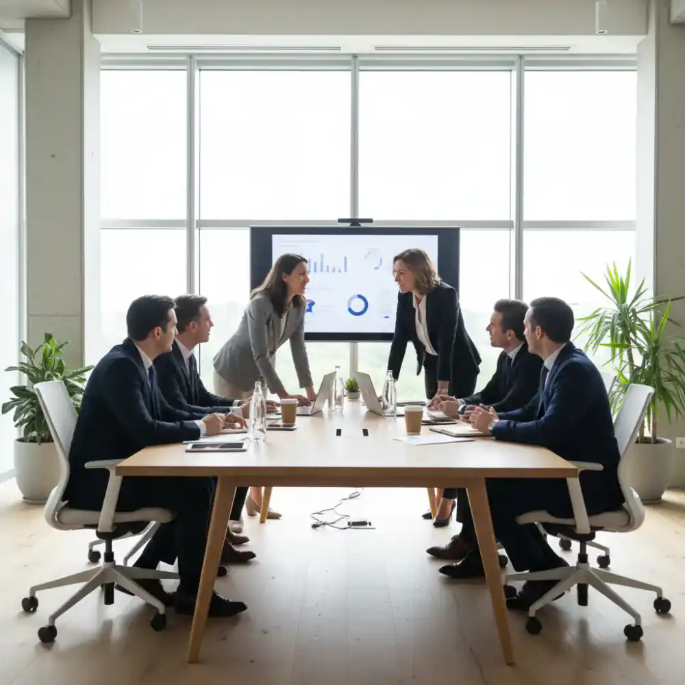 Members collaborating in a bright meeting room
