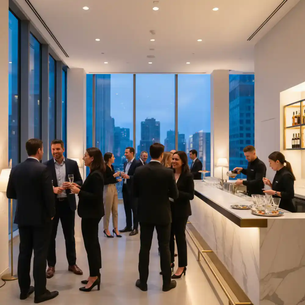 People mingling with drinks