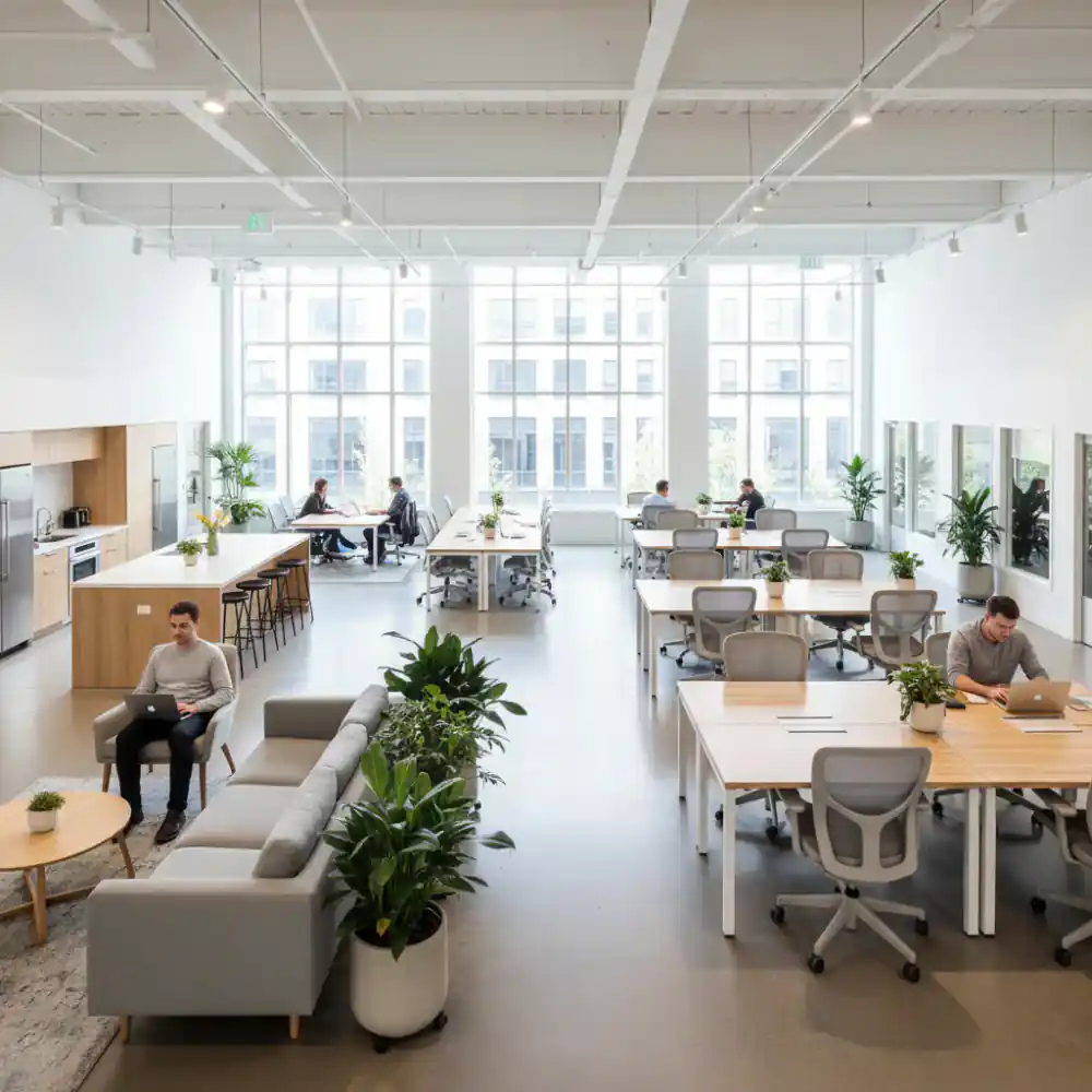 Wide view of a brightly lit open plan coworking space