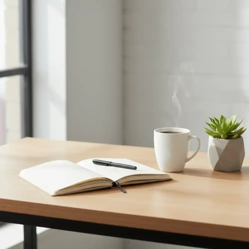 Notebook and coffee on a clean desk