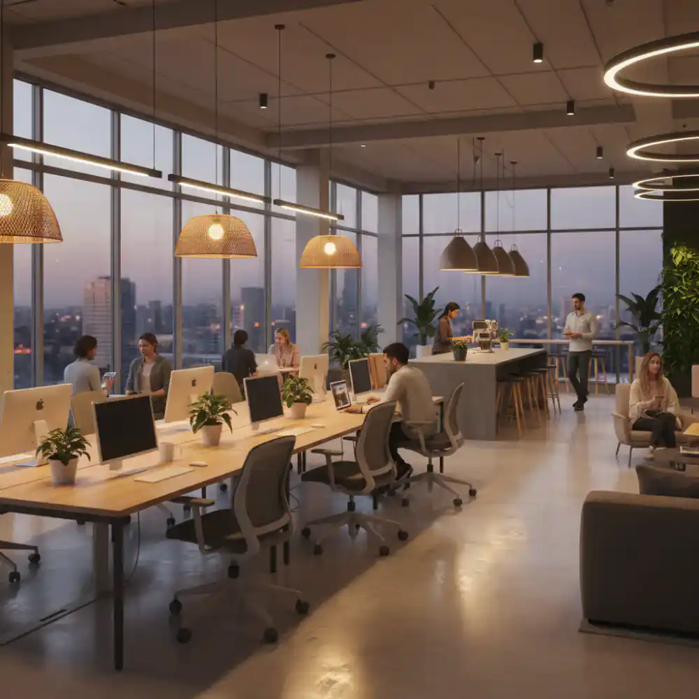 Modern open plan coworking space with warm lighting
