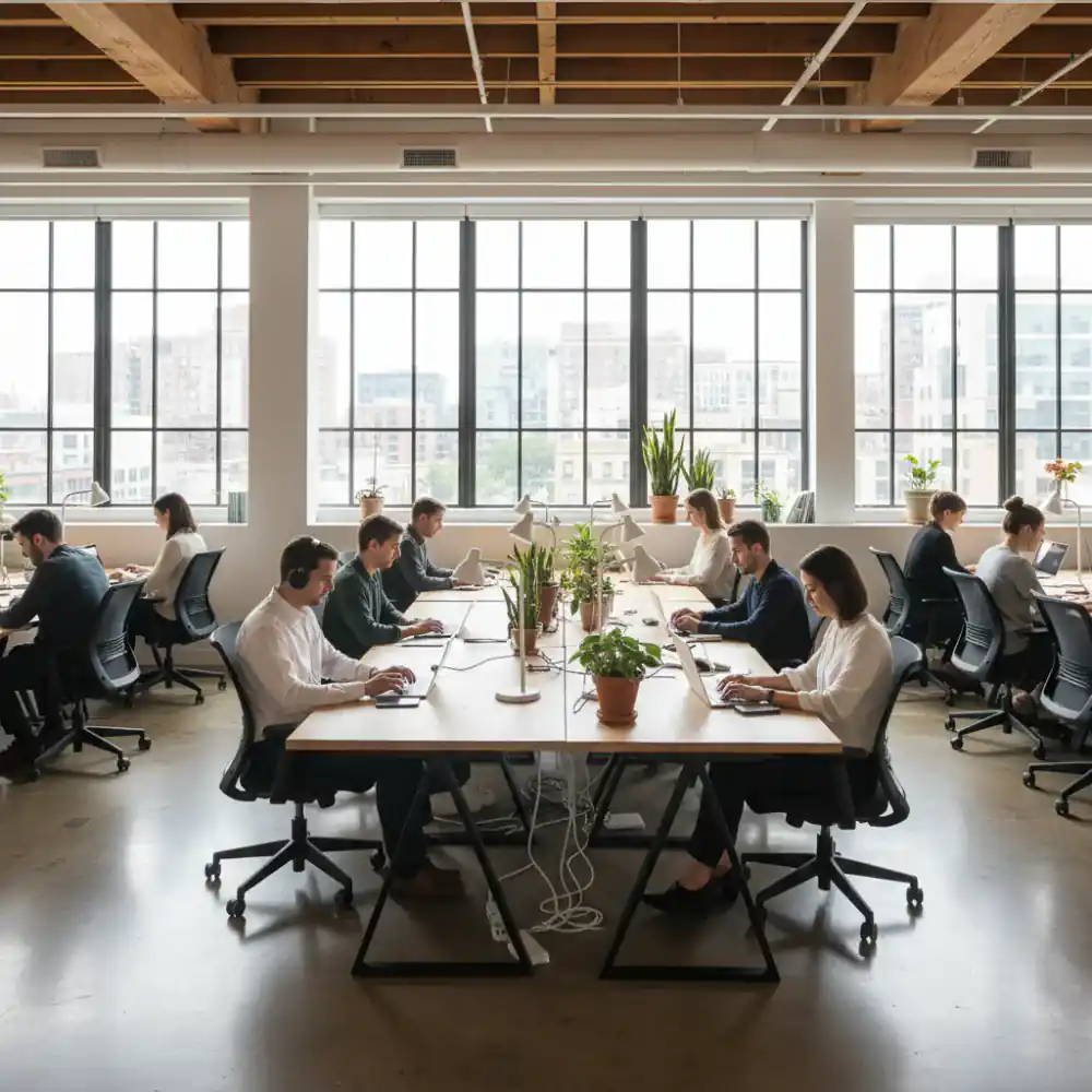 Professionals working at shared hot desks