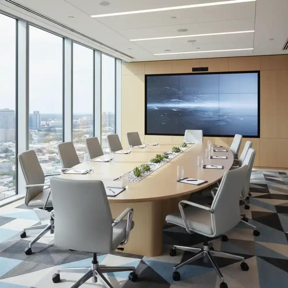 Modern boardroom with a large screen and comfortable chairs